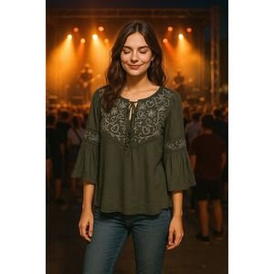 Boho Western Fairgrunge Peasant Dark Green Silver Embroidered Bell Sleeve S Top